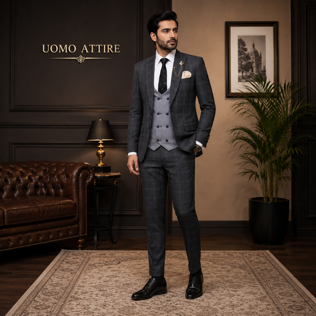 Tropical windowpane with mini check customized three piece suit