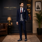Made-to-order navy blue self textured three piece suit
