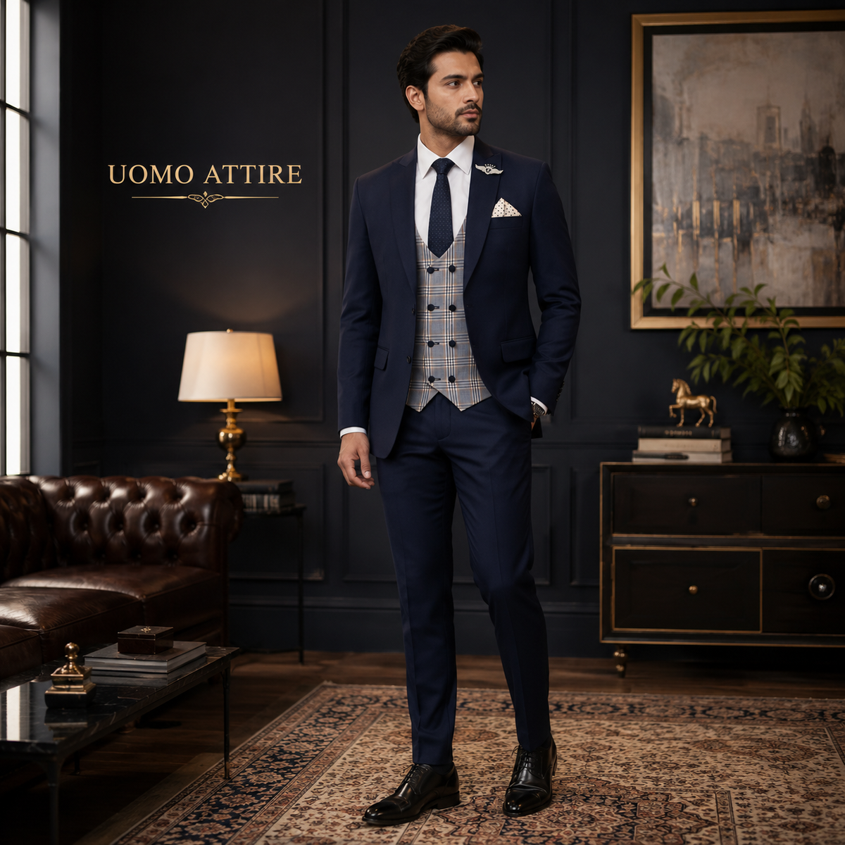 Midnight blue slim fit tailor-made contrast tropical three piece suit