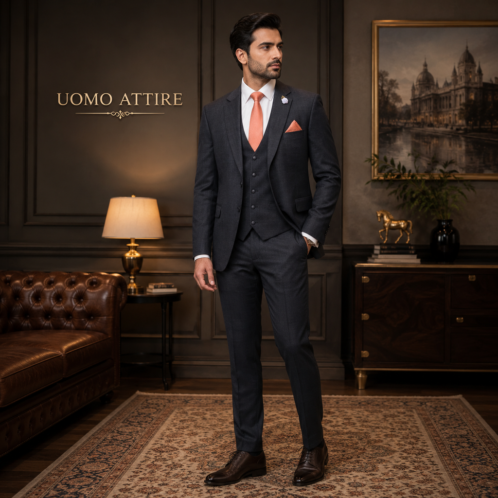 Pin dot charcoal grey customized three piece suit