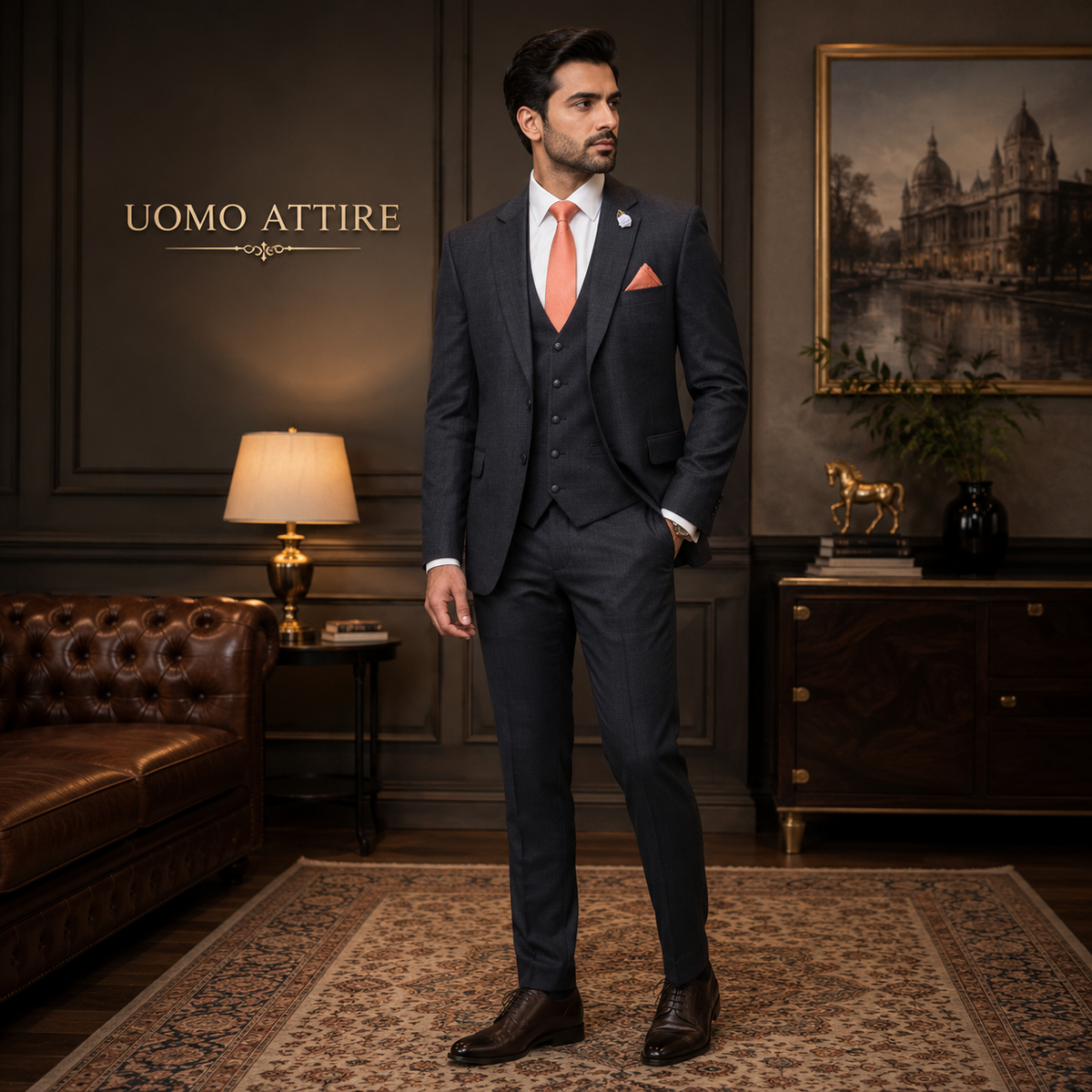 Pin dot charcoal grey customized three piece suit