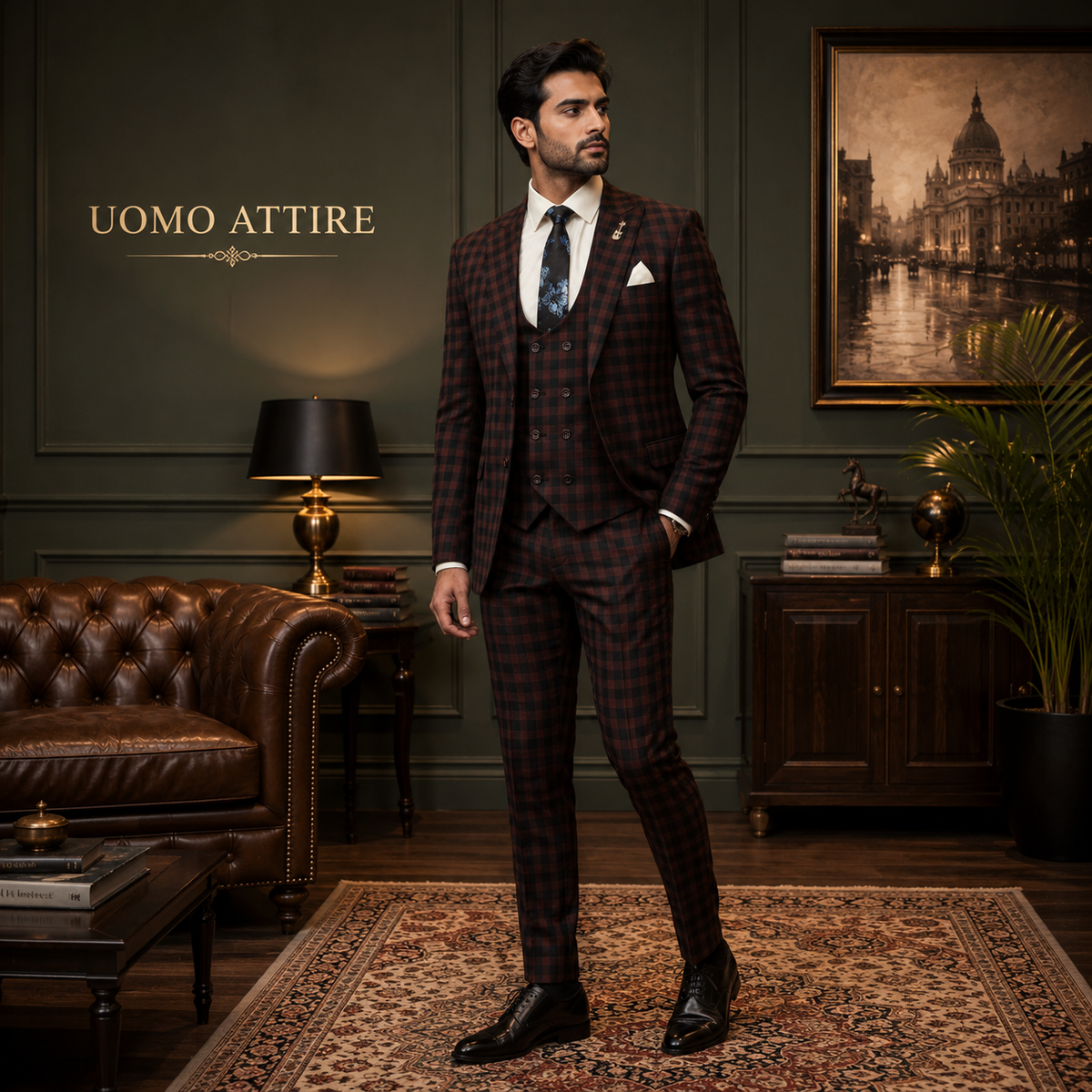 Luxury Woolen Checkered 3-Piece Suit with Double-Breasted Waistcoat