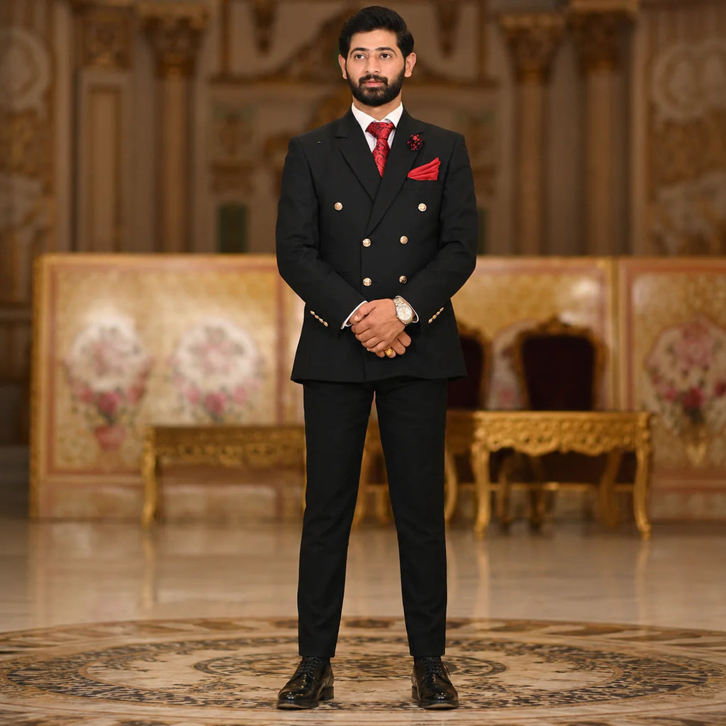 Black Suiting Fabric Double-Breasted Suit for Men Worn By Mr. Faizan