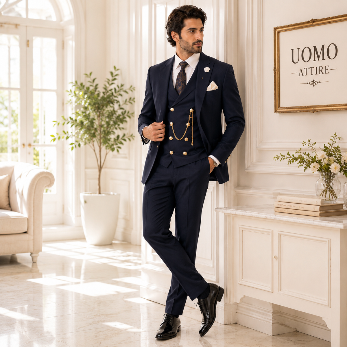 Navy blue slim fit bespoke wedding three piece suit