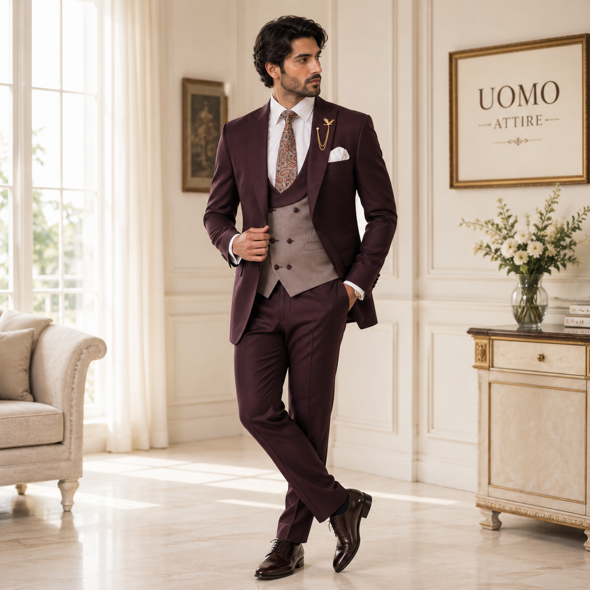 Custom Made Burgundy Suit for Men with Mini Checker Vest