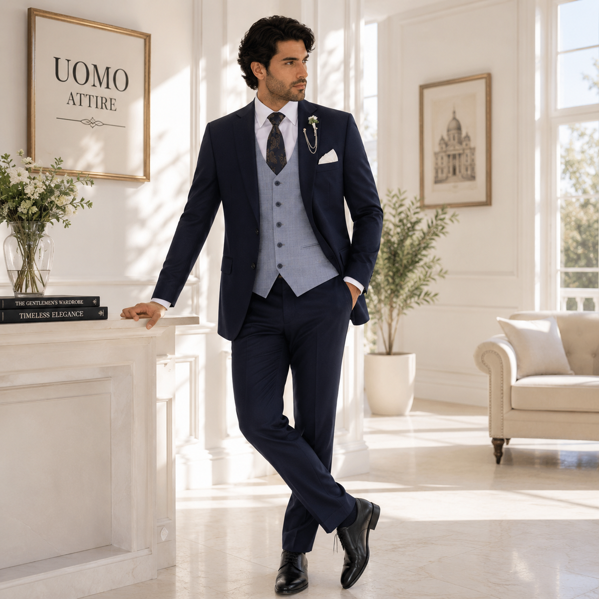 Midnight blue tropical 3 piece suit with single breasted vest