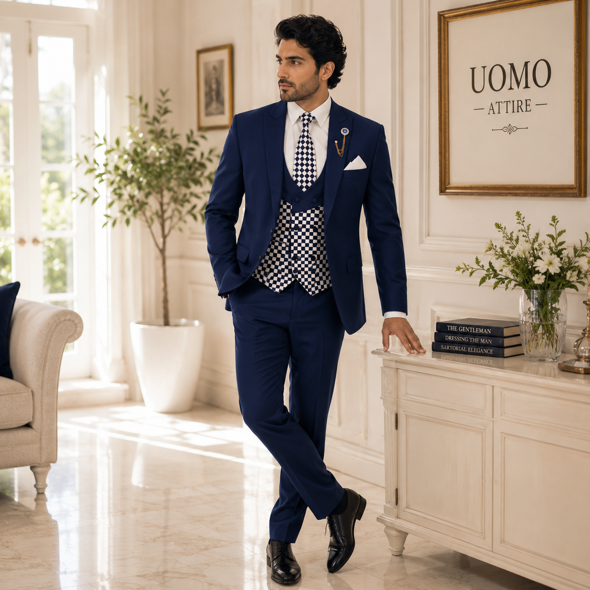Blue three piece suit for men with mini checkered double breasted vest