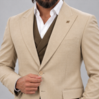 Mr. Sohail Sameer Pakistani Actor wearing Beige 3 Piece Suit for Groom in Guabello Cashmere Wool