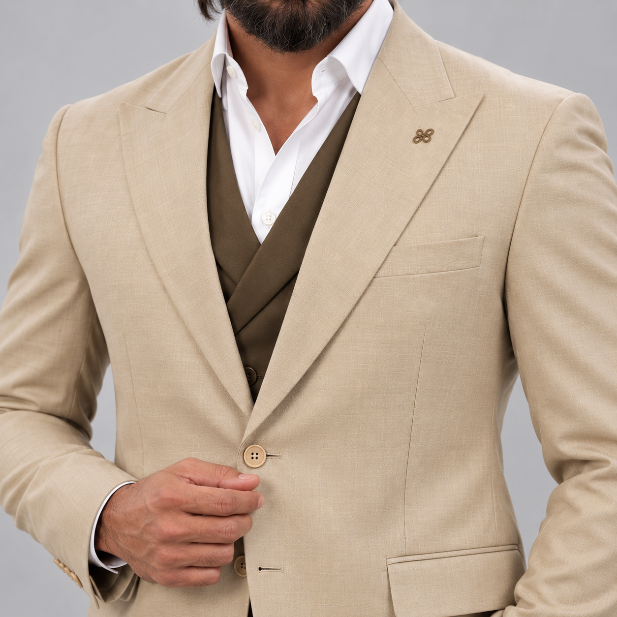 
                  
                    Mr. Sohail Sameer Pakistani Actor wearing Beige 3 Piece Suit for Groom in Guabello Cashmere Wool
                  
                