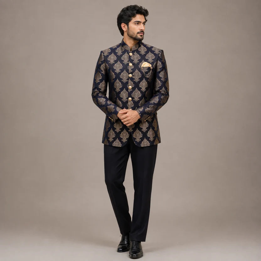 EXCLUSIVE NAVY BLUE JAMAWAR PRINCE COAT
