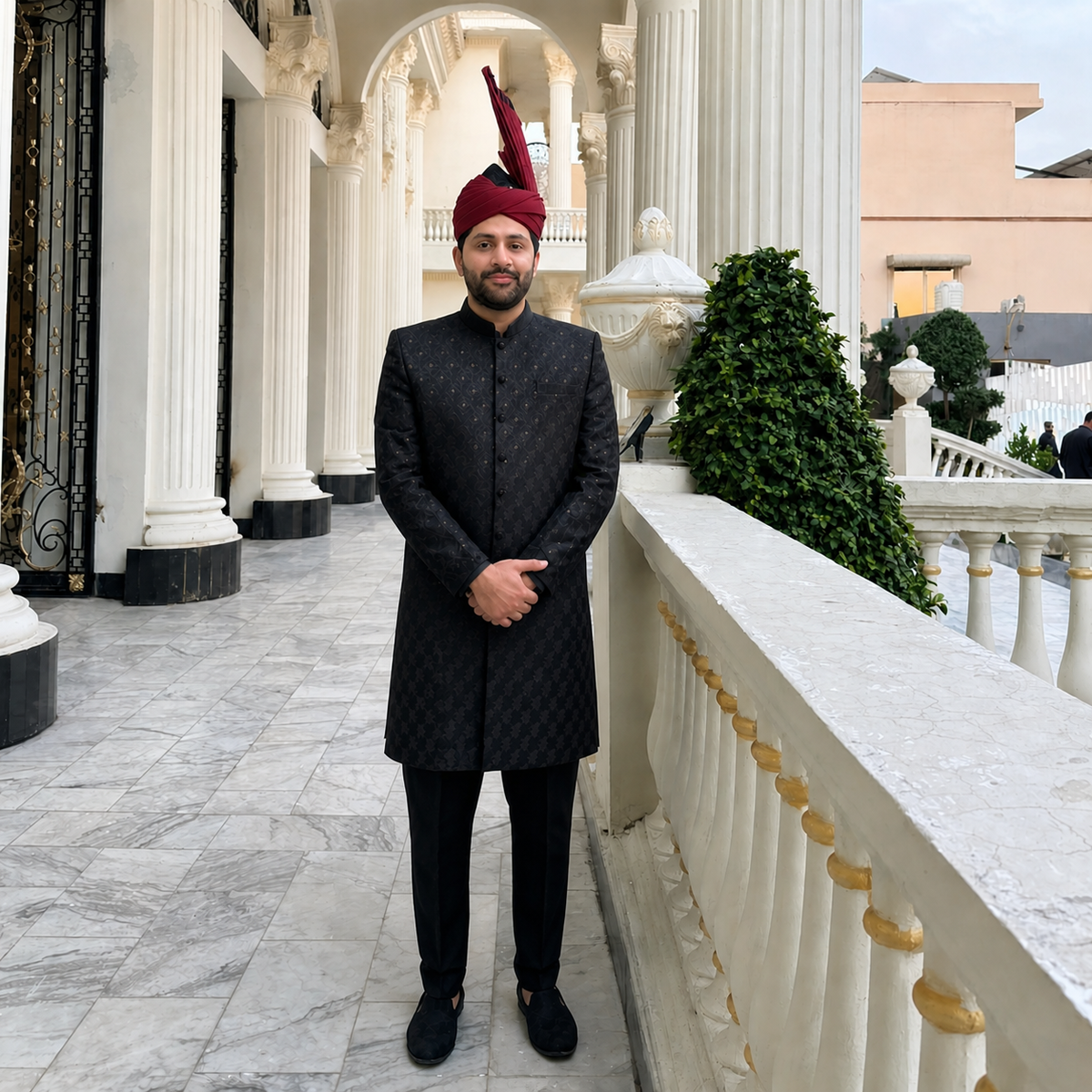 Men's Luxury Black Embroidered Sherwani with Red Turban