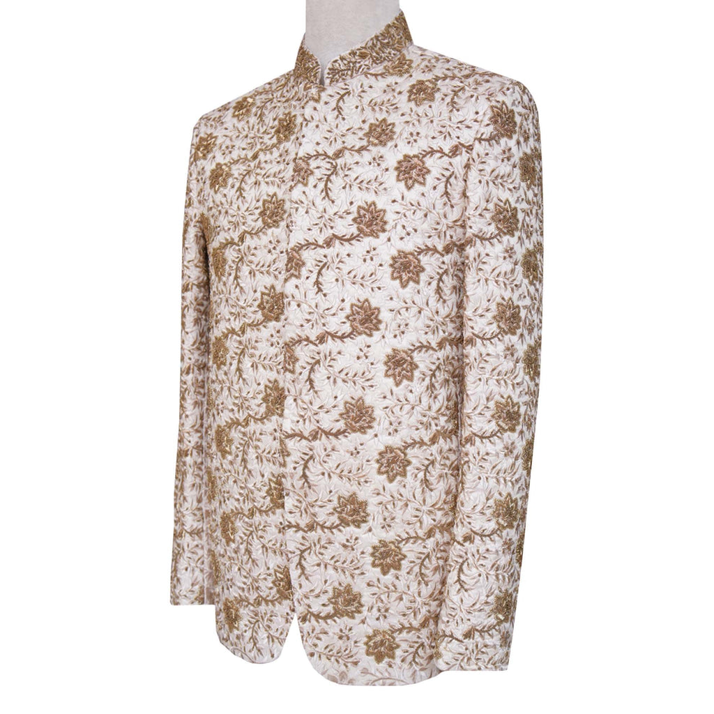 Cream color prince coat with golden embroidery for wedding side angle | Cream Prince Coat for Groom 2