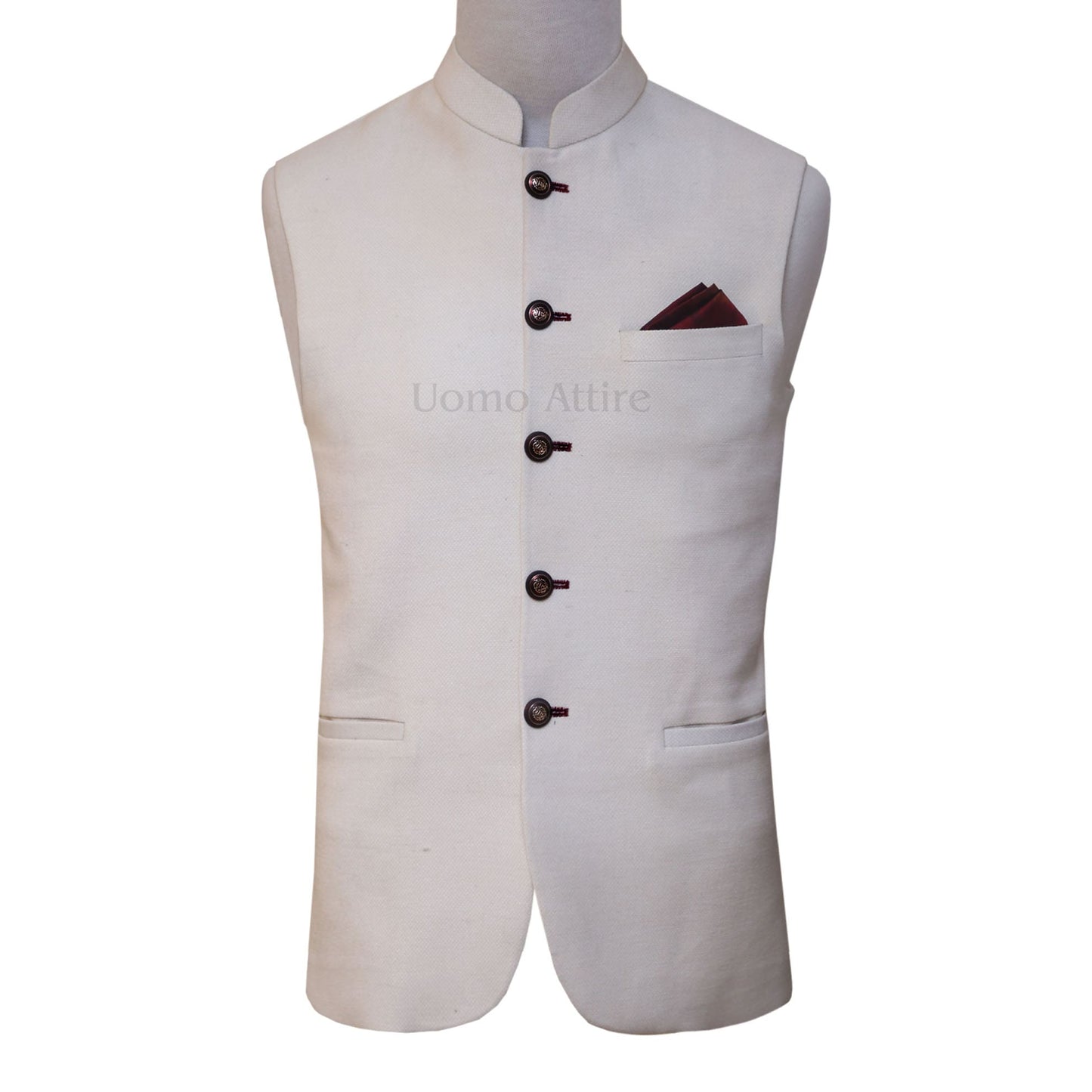 
                  
                    Cream color waistcoat with contrast maroon thread button hole
                  
                