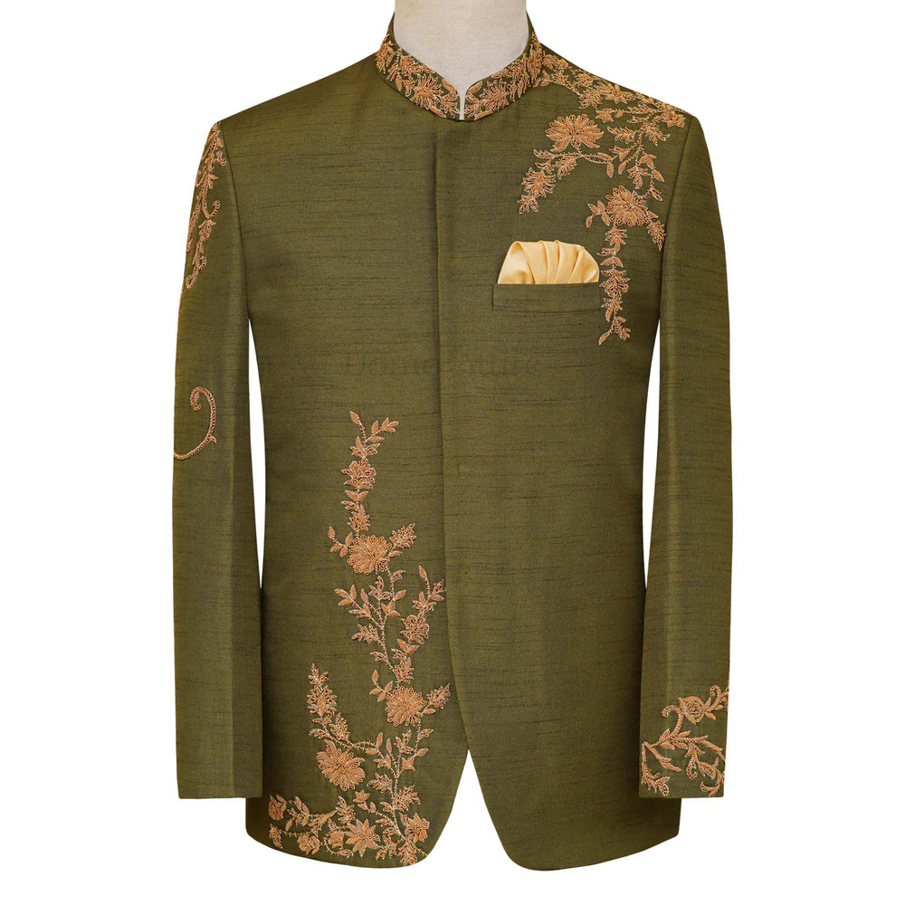 Custom-tailored embellished prince coat for men | Deep green prince coat for mehndi