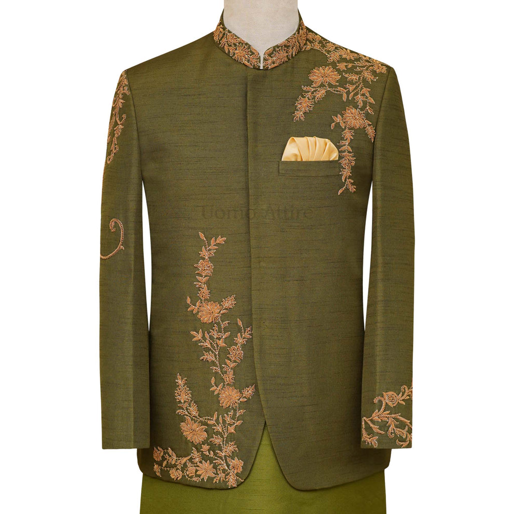 Custom-tailored embellished prince coat for men | Deep green prince coat for mehndi 3