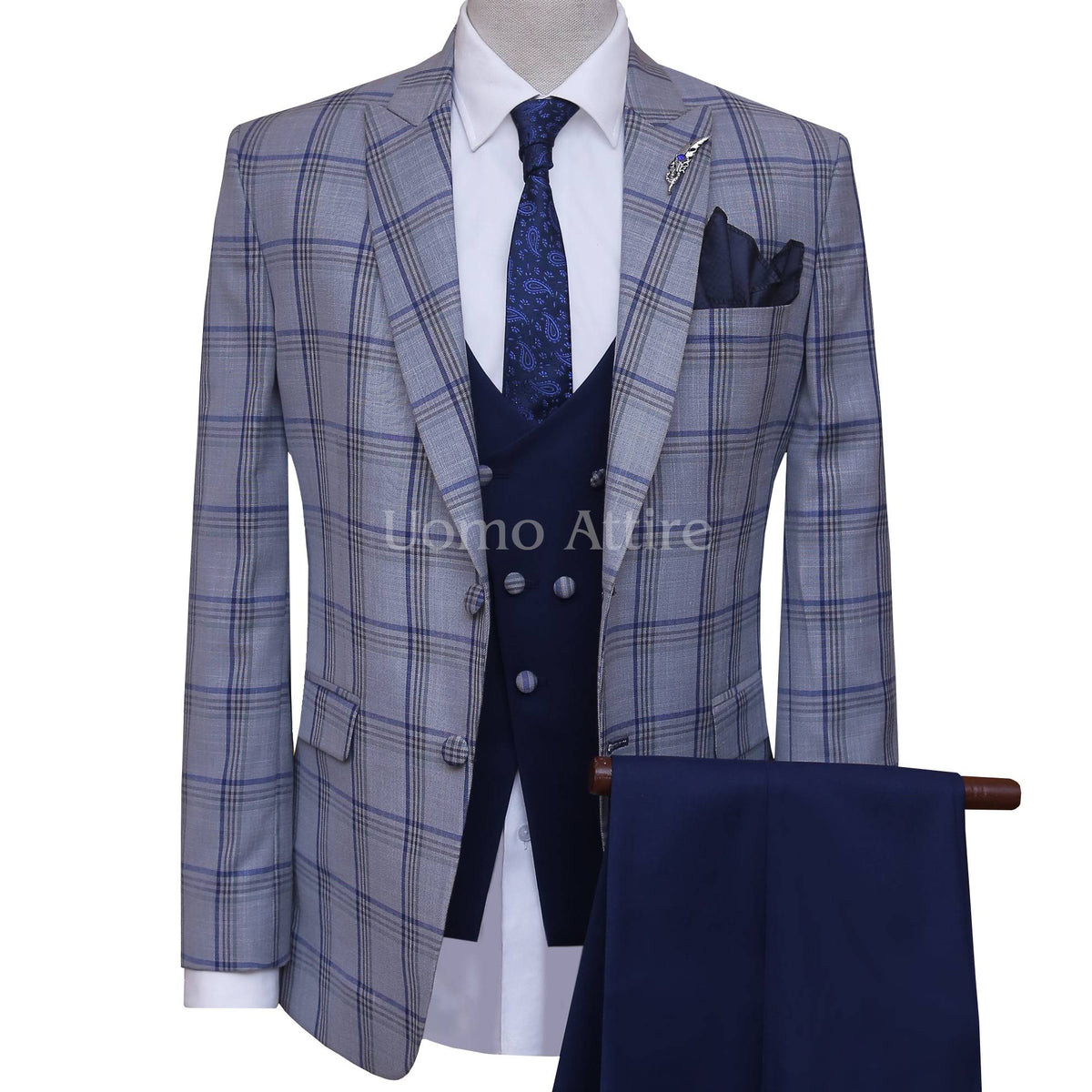 Custom-tailored sharp blue check three piece suit