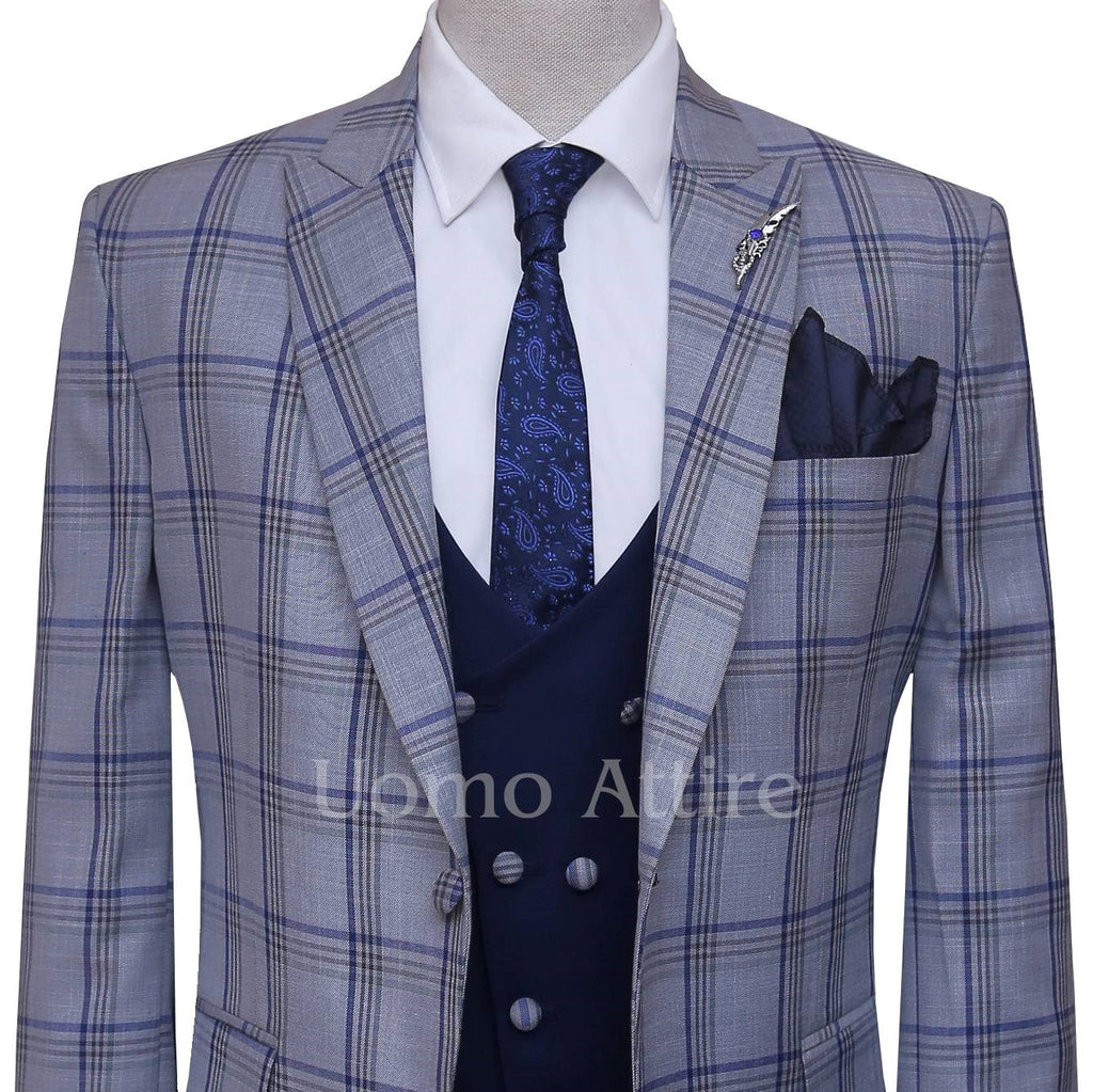 Custom-tailored sharp blue check three piece suit 2