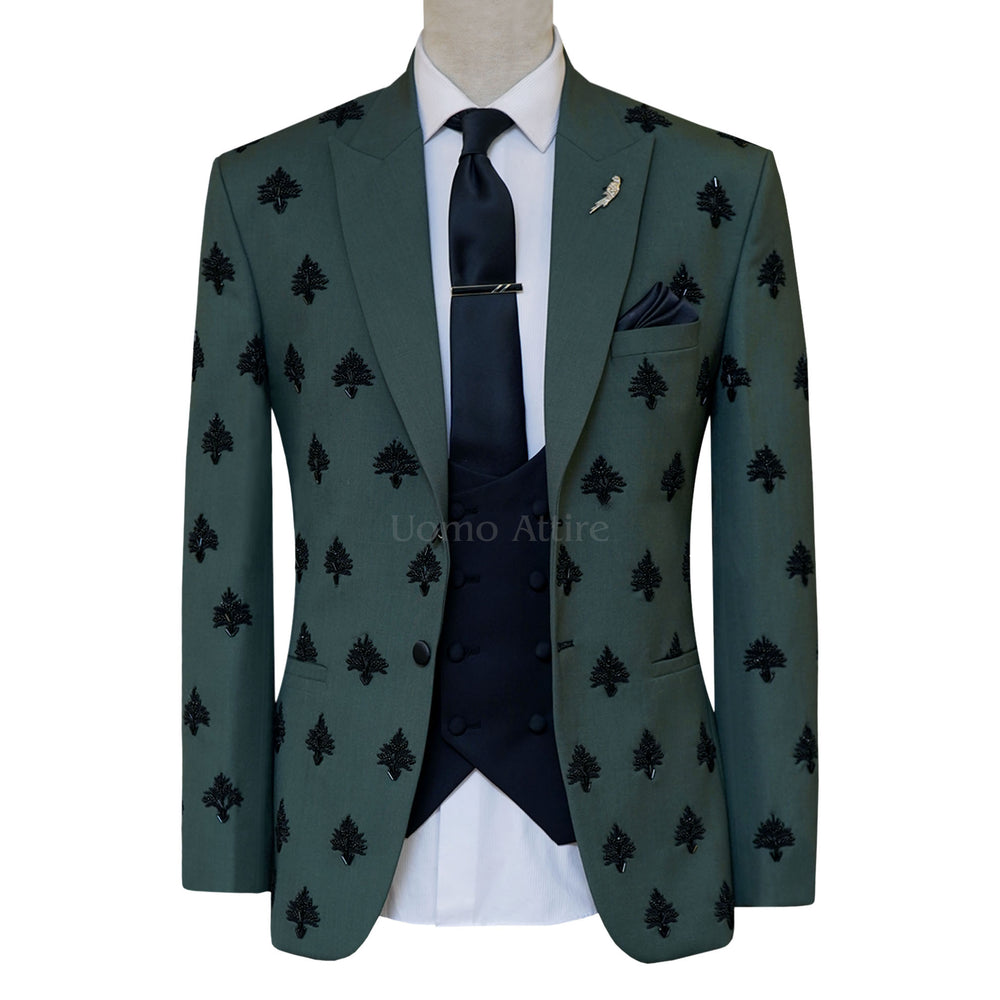 Custom Embellished Light Green Three Piece Suit | Three Piece Suit for Men