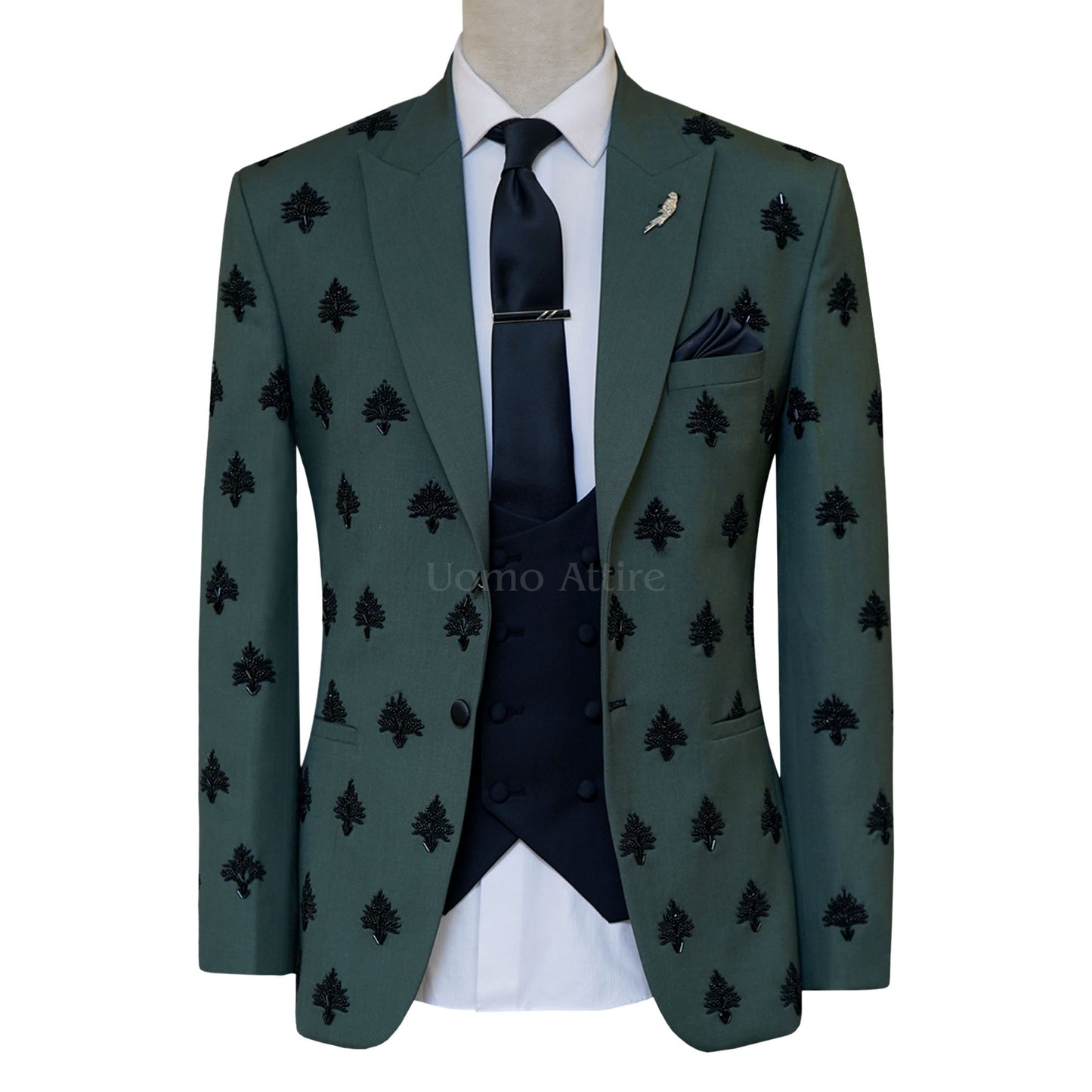 Custom Embellished Light Green Three Piece Suit