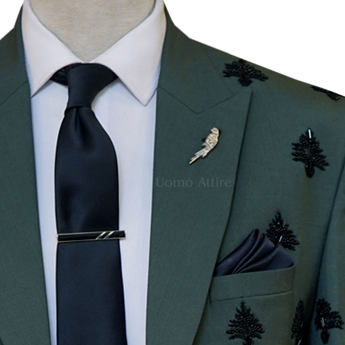 Black Tie and Lapel Pin With Custom Embellished Light Green Three Piece Suit | Three Piece Suit for Men