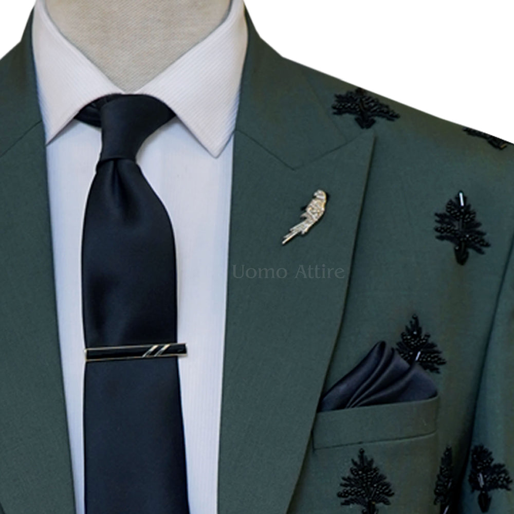 
                  
                    Black Tie and Lapel Pin With Custom Embellished Light Green Three Piece Suit | Three Piece Suit for Men
                  
                