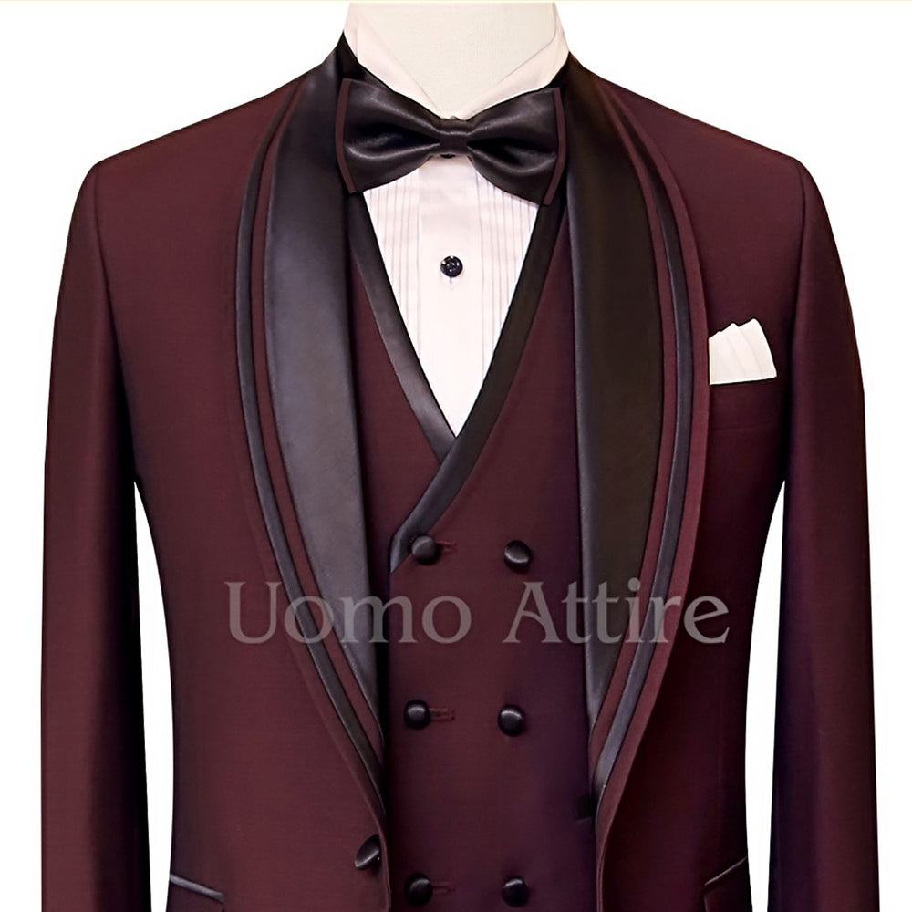 
                  
                    black rose color tuxedo three piece suit, tuxedo suit with double piping contrast wide shawl and double breasted piping vest
                  
                