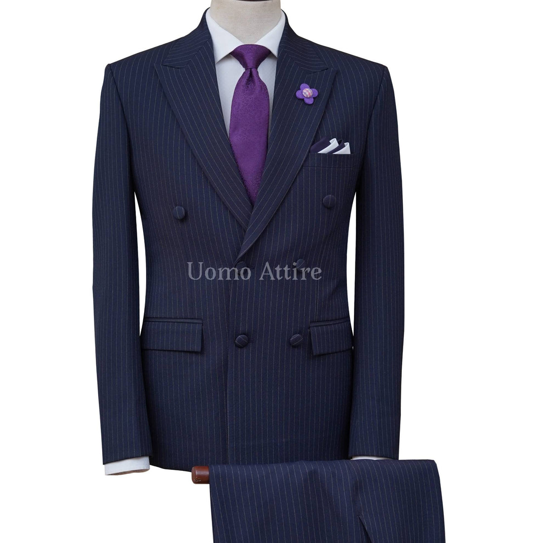Men's Double Breasted Suit brass & faux leather accents denim 3pc suit