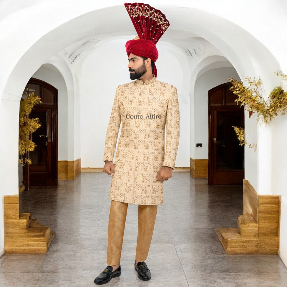 Luxury Golden Sherwani with Full Hand Embellishments and Maroon Kulla for Groom