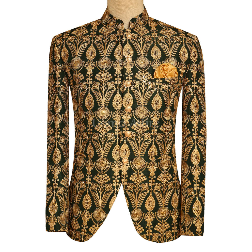 Deep Green Prince Coat with Golden Embroidery