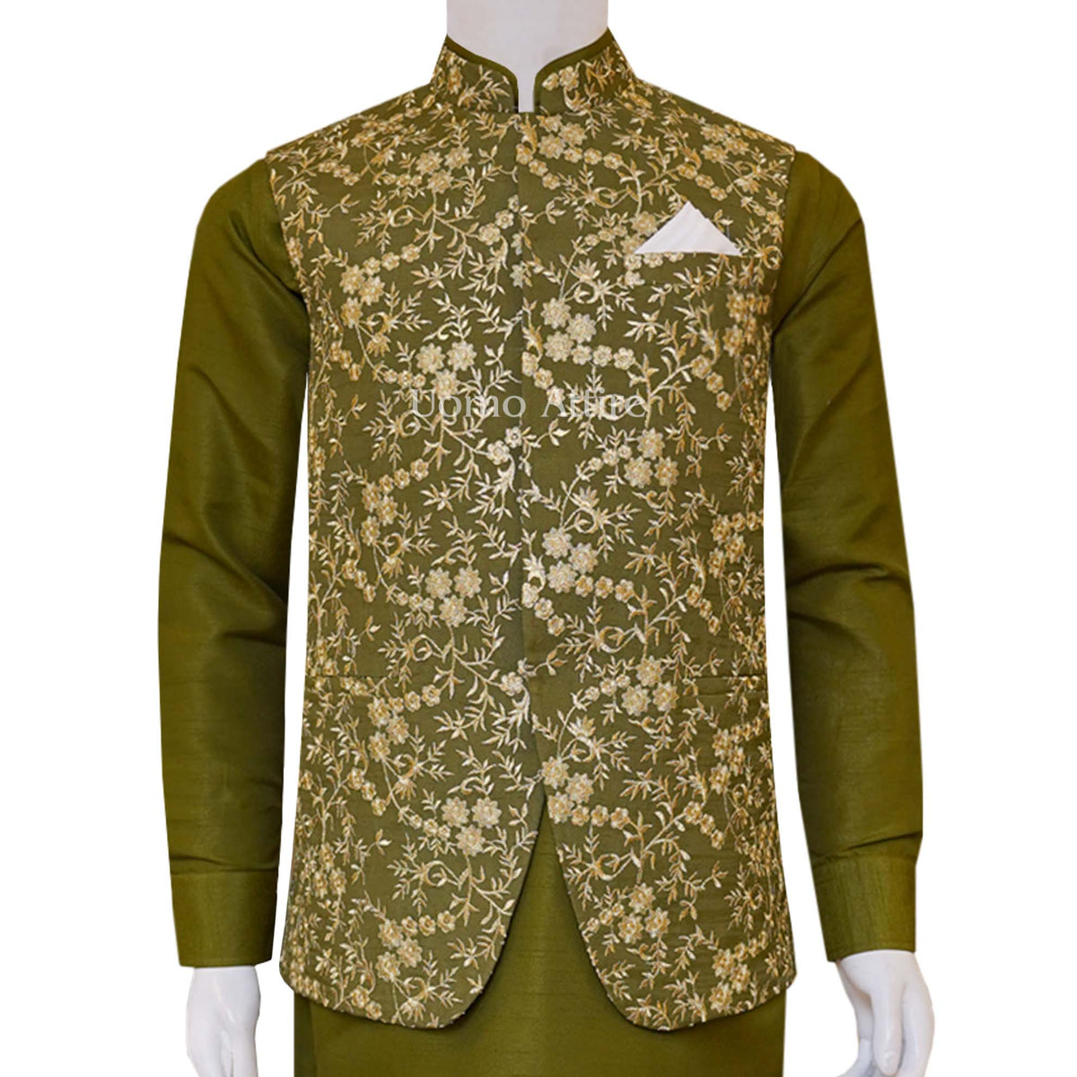 Elegant look fully embroidered mehndi color waistcoat | Waistcoat