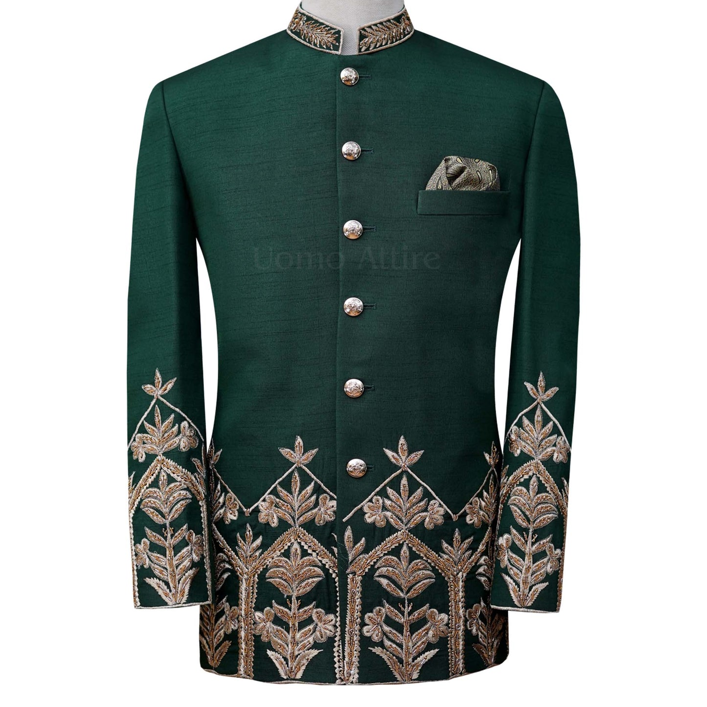 
                  
                    Deep green prince coat with golden embellishment | Prince coat  for groom
                  
                