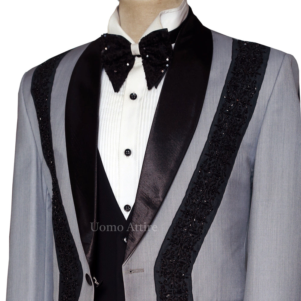 
                  
                    Designer Grey Tuxedo with Black Contrast Style - Wedding Groom Tuxedo
                  
                