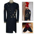 Designer Navy Blue Sherwani for Groom with Turban and Khussa
