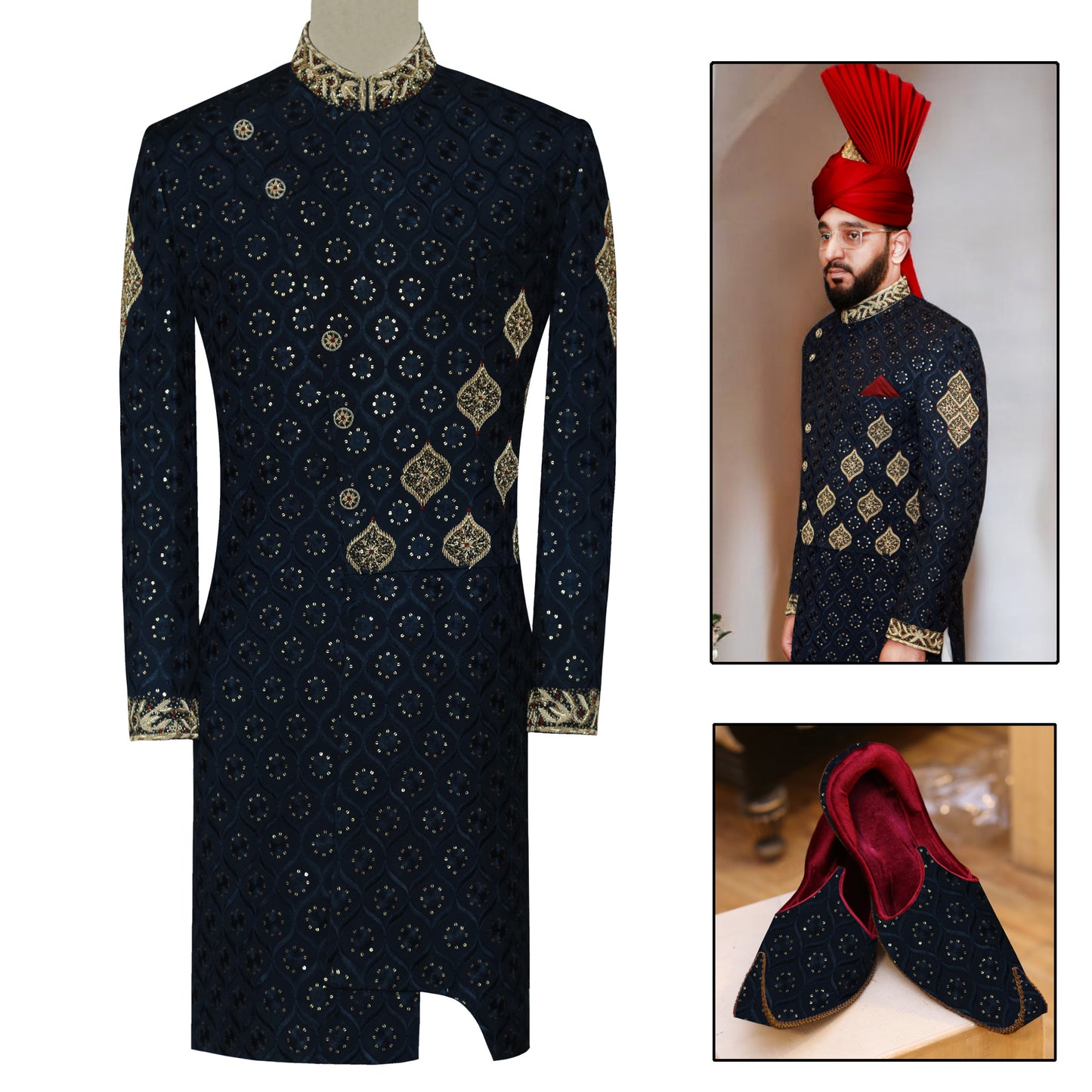 Designer Navy Blue Sherwani for Groom with Turban and Khussa
