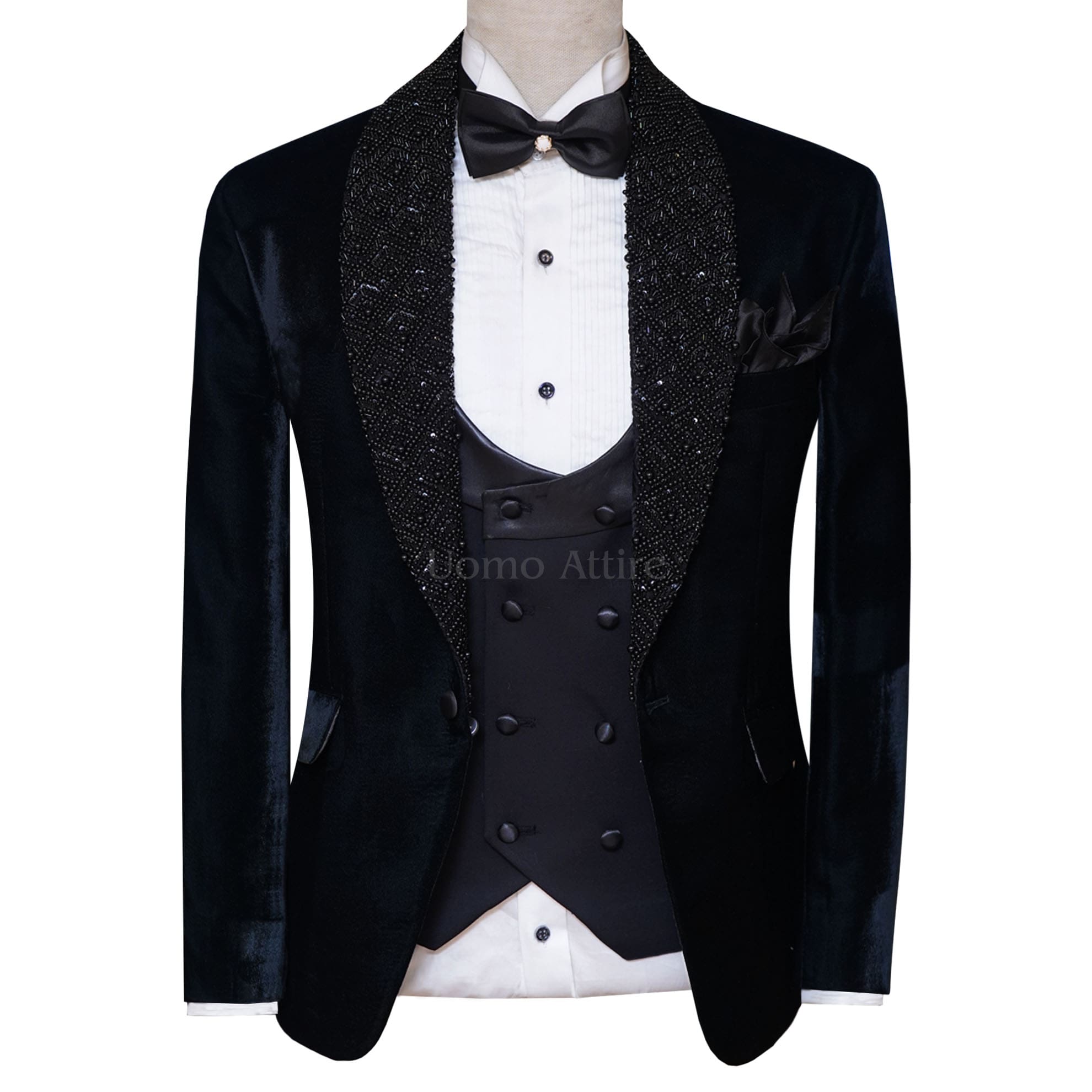 Designer Black Velvet Groom and Party Tuxedos with Hand-Decorated Shawl Lapel
