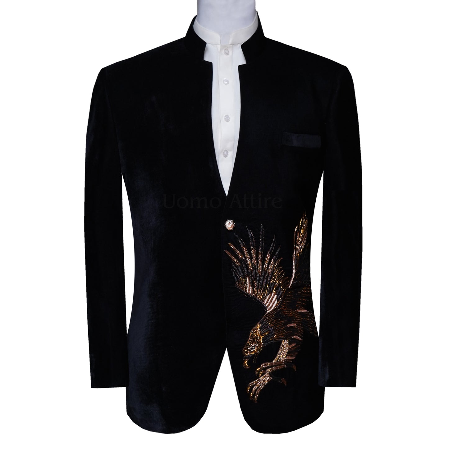 Eagle Embellished Nehru Cut Style Black Velvet Luxury Prince Coat