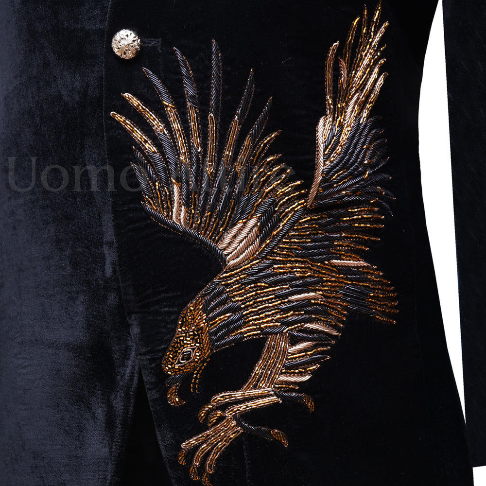 
                  
                    Eagle Embellished Nehru Cut Style Black Velvet Luxury Prince Coat
                  
                