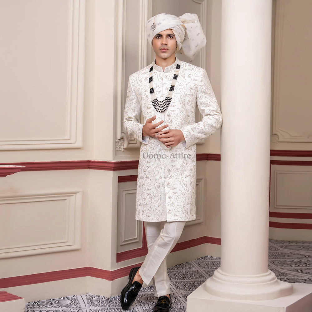 Eastern groom look in a custom hand-embroidered sherwani from Uomo Attire