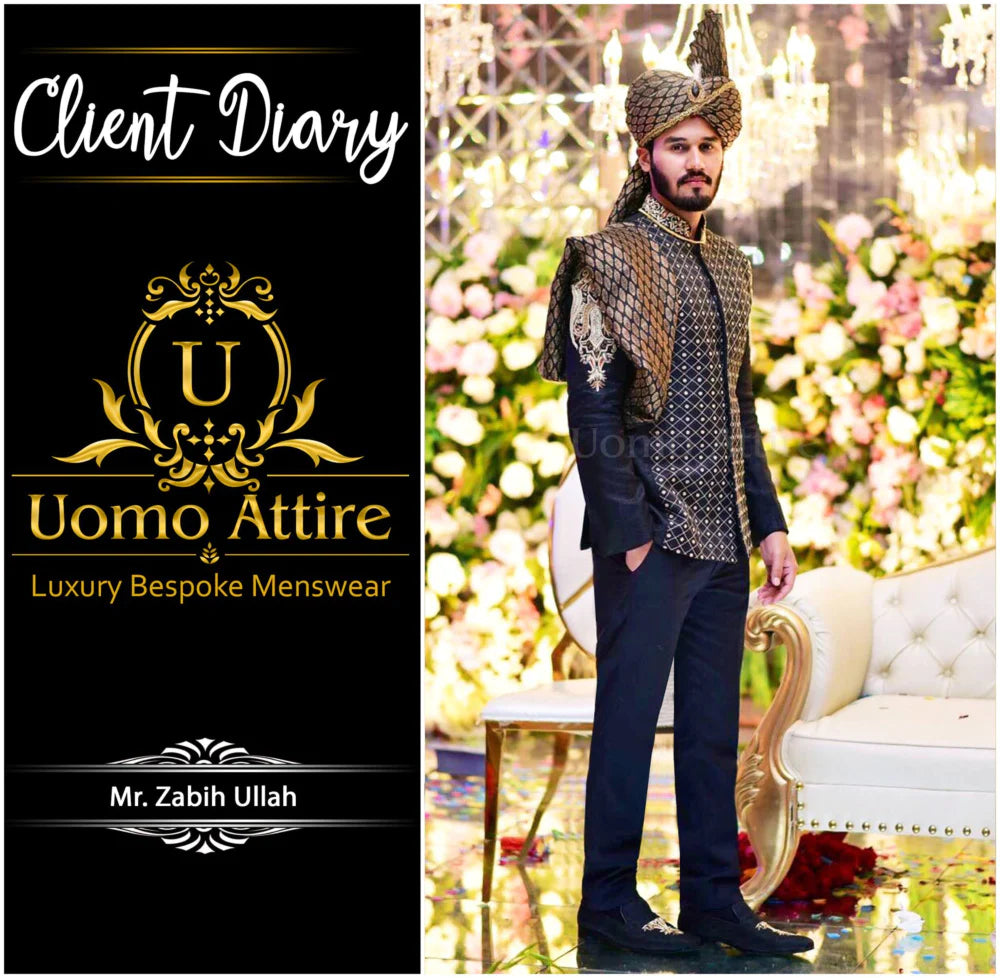 Embellished black prince coat in self textured | black prince coat for groom
