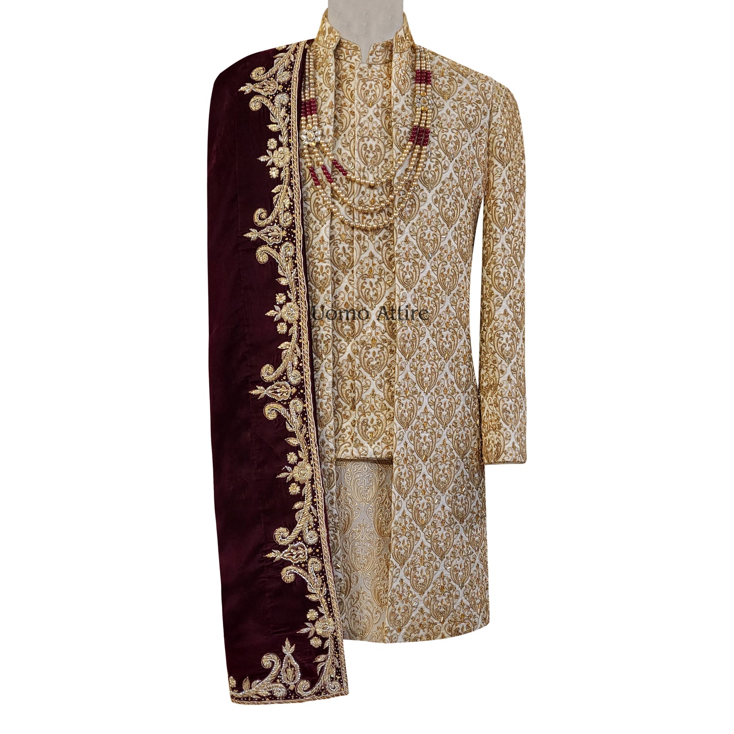 
                  
                    Luxury Open Front Golden Sherwani for Grooms | Embellished Wedding Outfit with Burgundy Shawl
                  
                