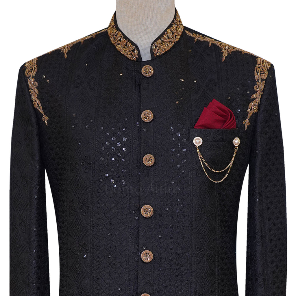 Embroidered Classic Black Wedding Sherwani for Groom