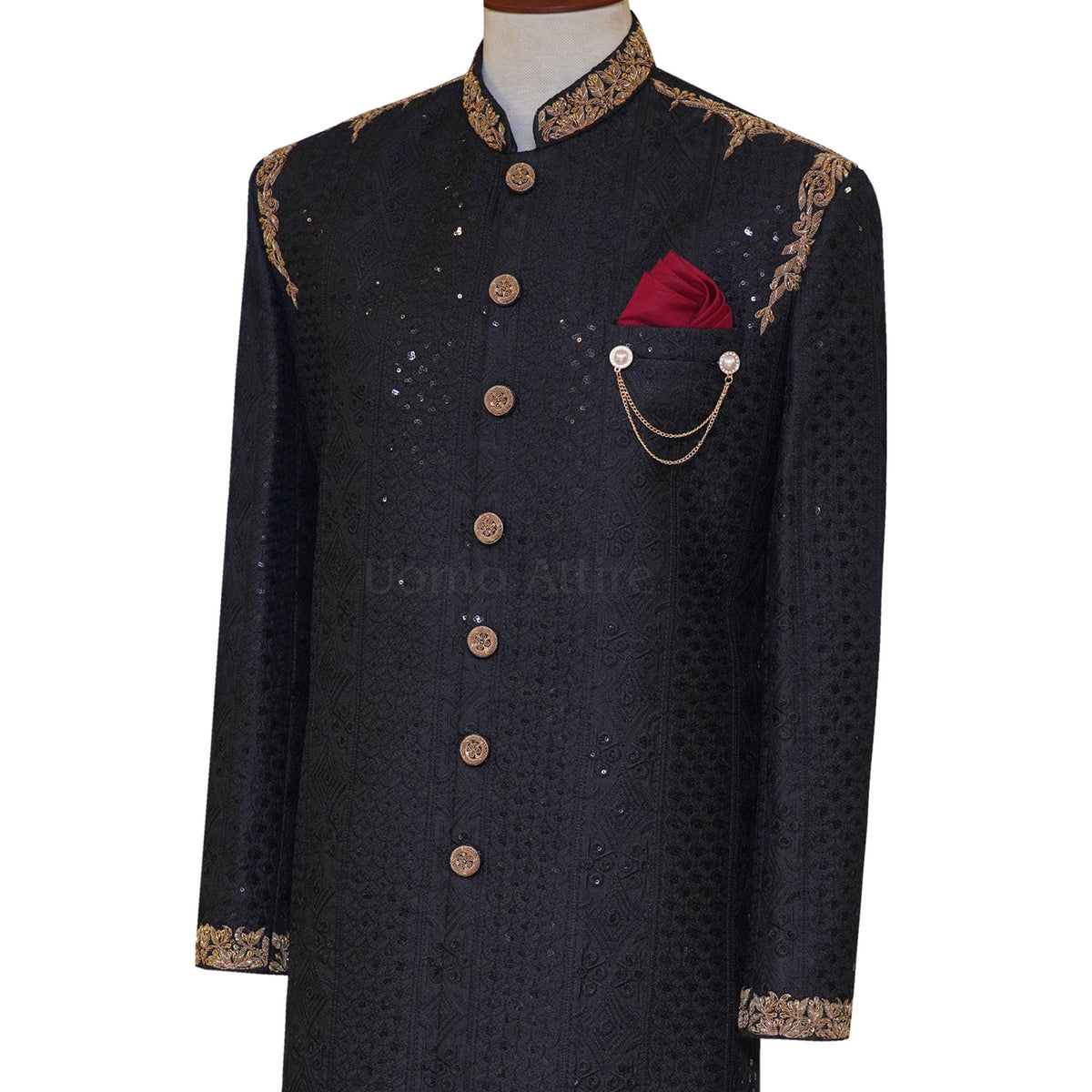 Embroidered Classic Black Wedding Sherwani for Groom