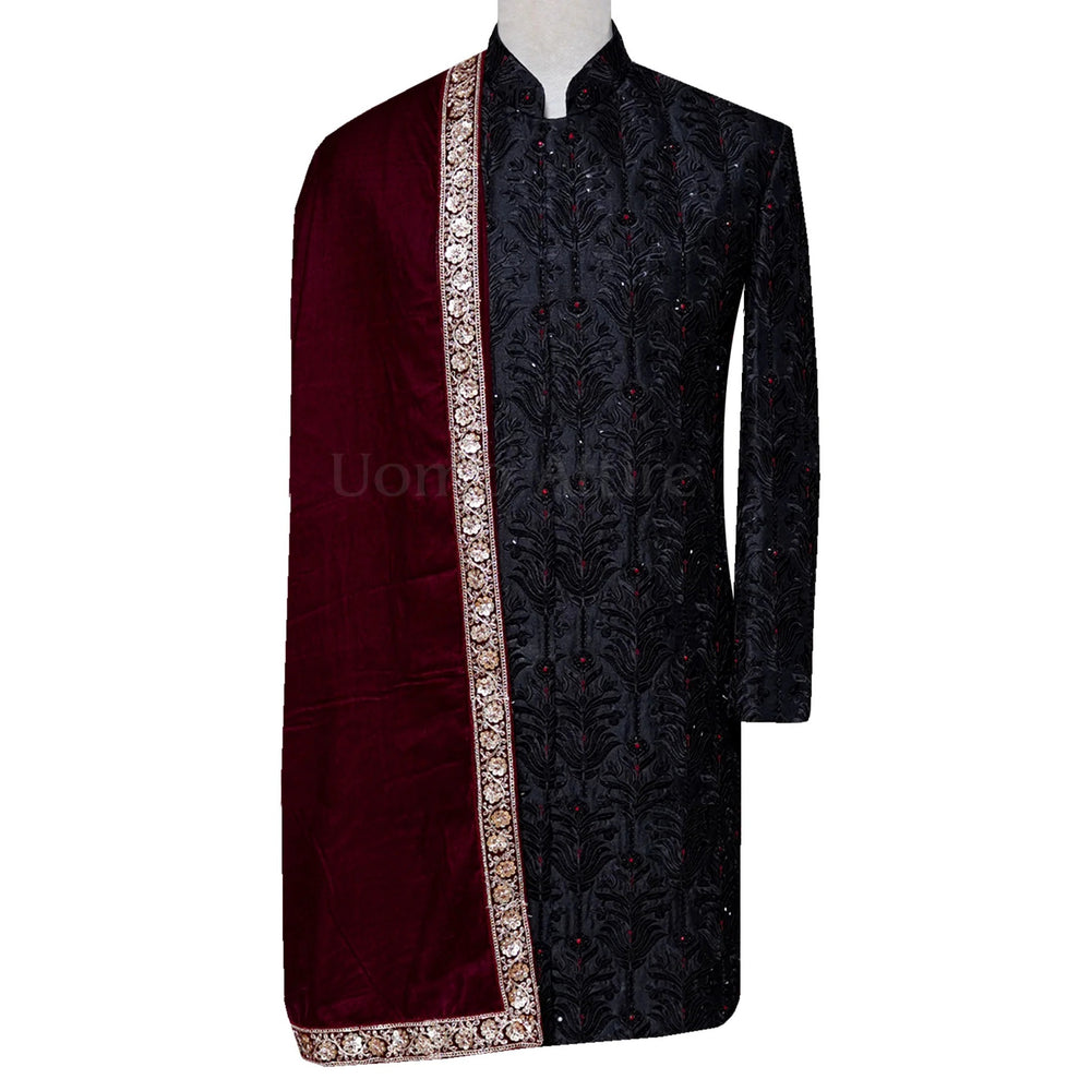 Embroidered Maroon Sherwani Shawl For Groom