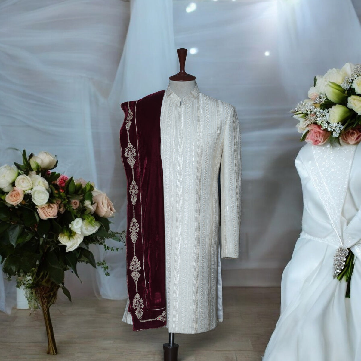 Embroidered Off White Wedding Sherwani for Groom Package