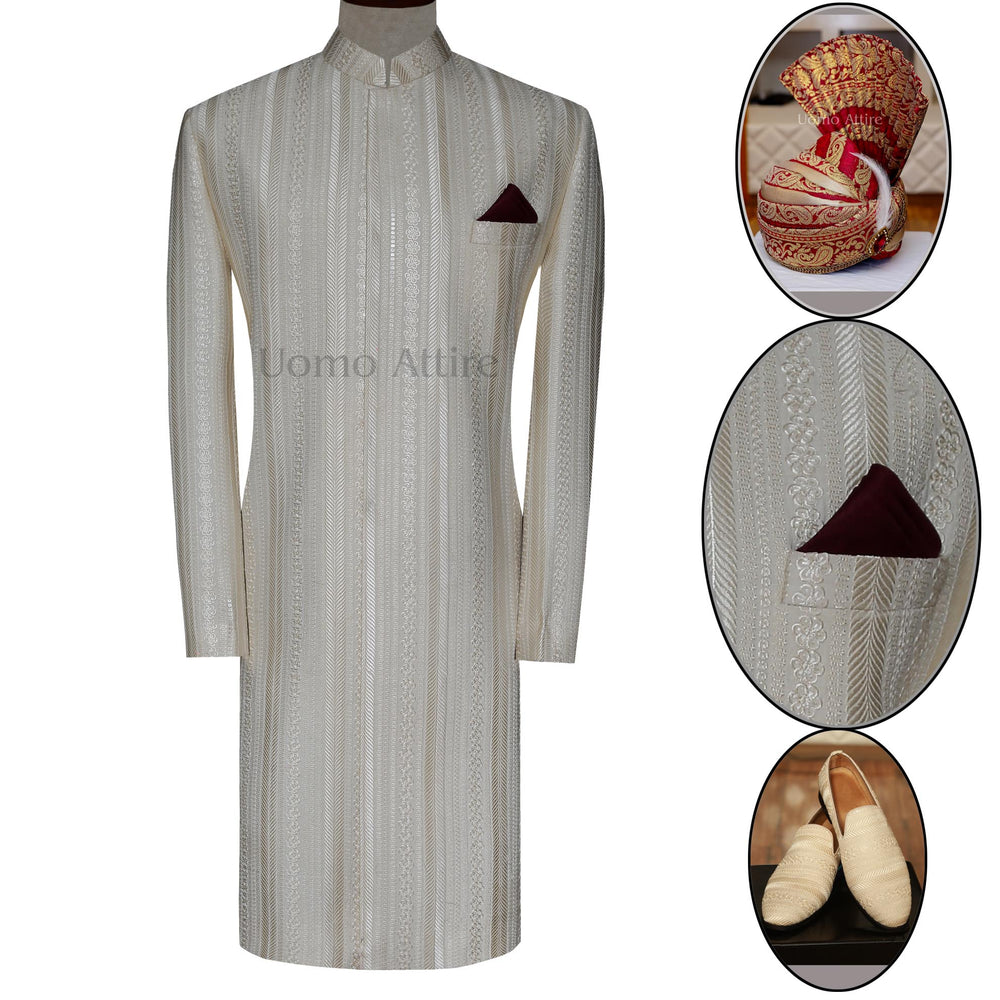 Embroidered Off White Wedding Sherwani for Groom