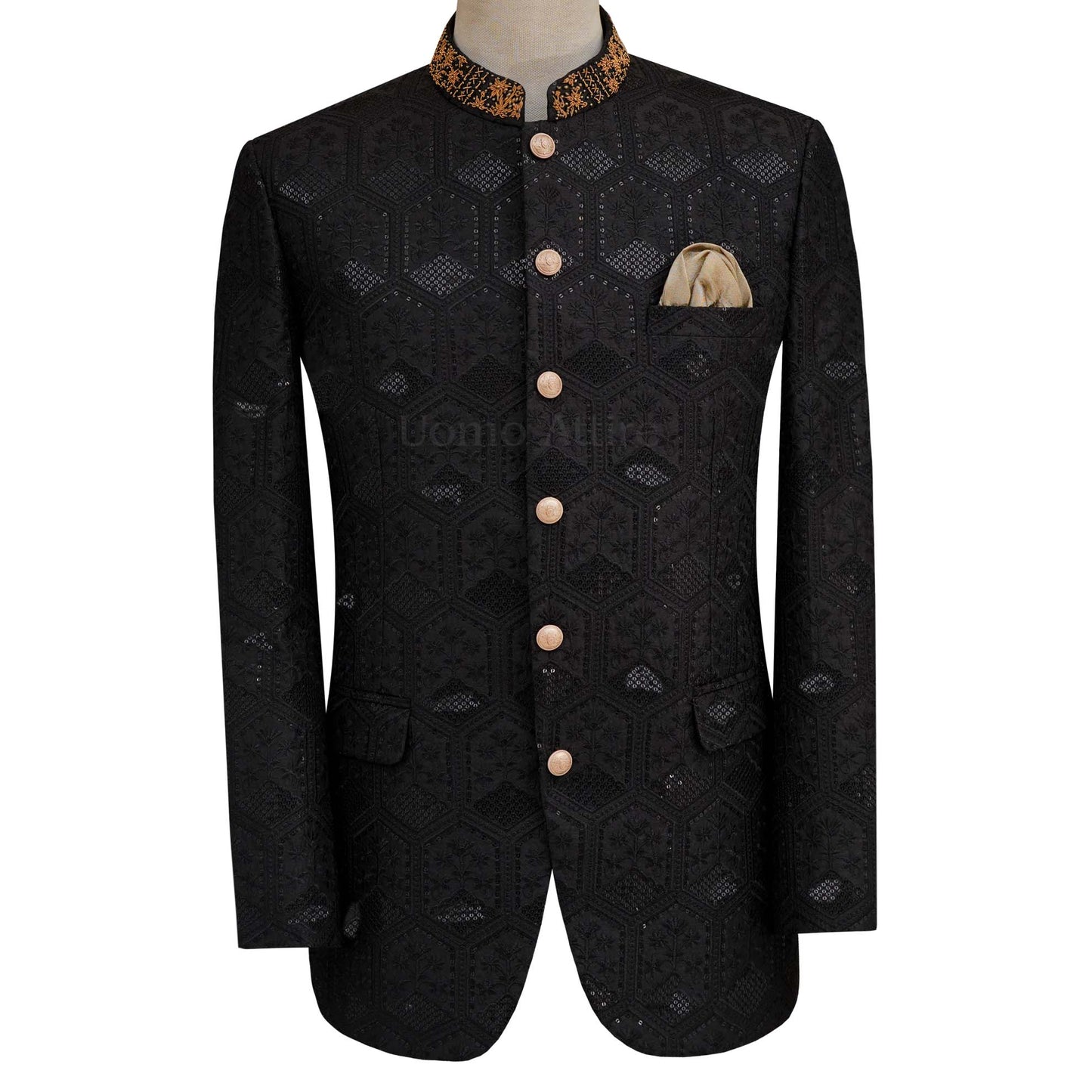 
                  
                    Embroidered fabric black prince coat with golden embellishment | Black prince coat for groom
                  
                