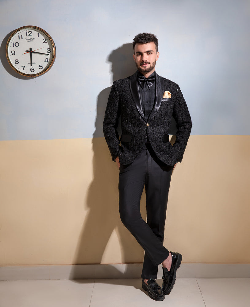 
                  
                    Men's Luxury Hand-Embroidered Black Tuxedo with Floral Paisley Detailing
                  
                