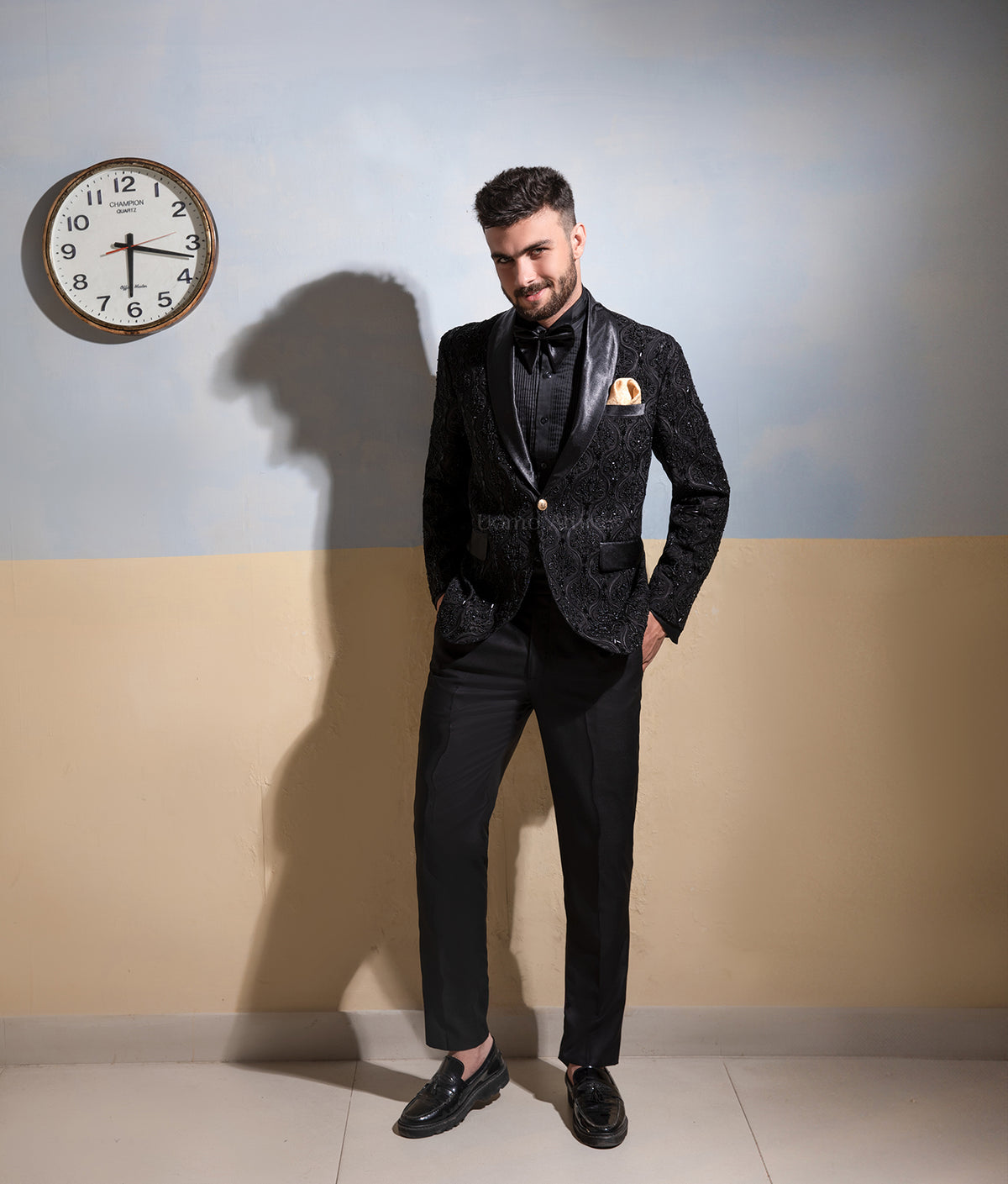 Men's Luxury Hand-Embroidered Black Tuxedo with Floral Paisley Detailing