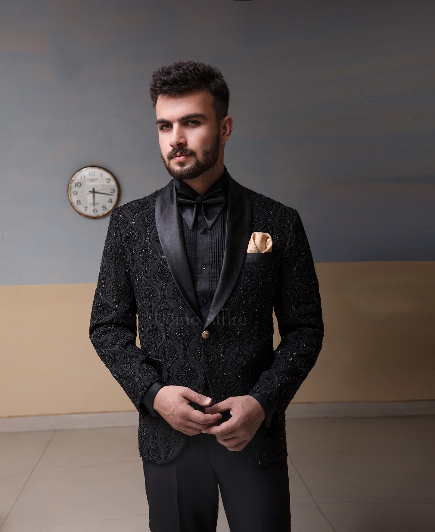 
                  
                    Men's Luxury Hand-Embroidered Black Tuxedo with Floral Paisley Detailing
                  
                