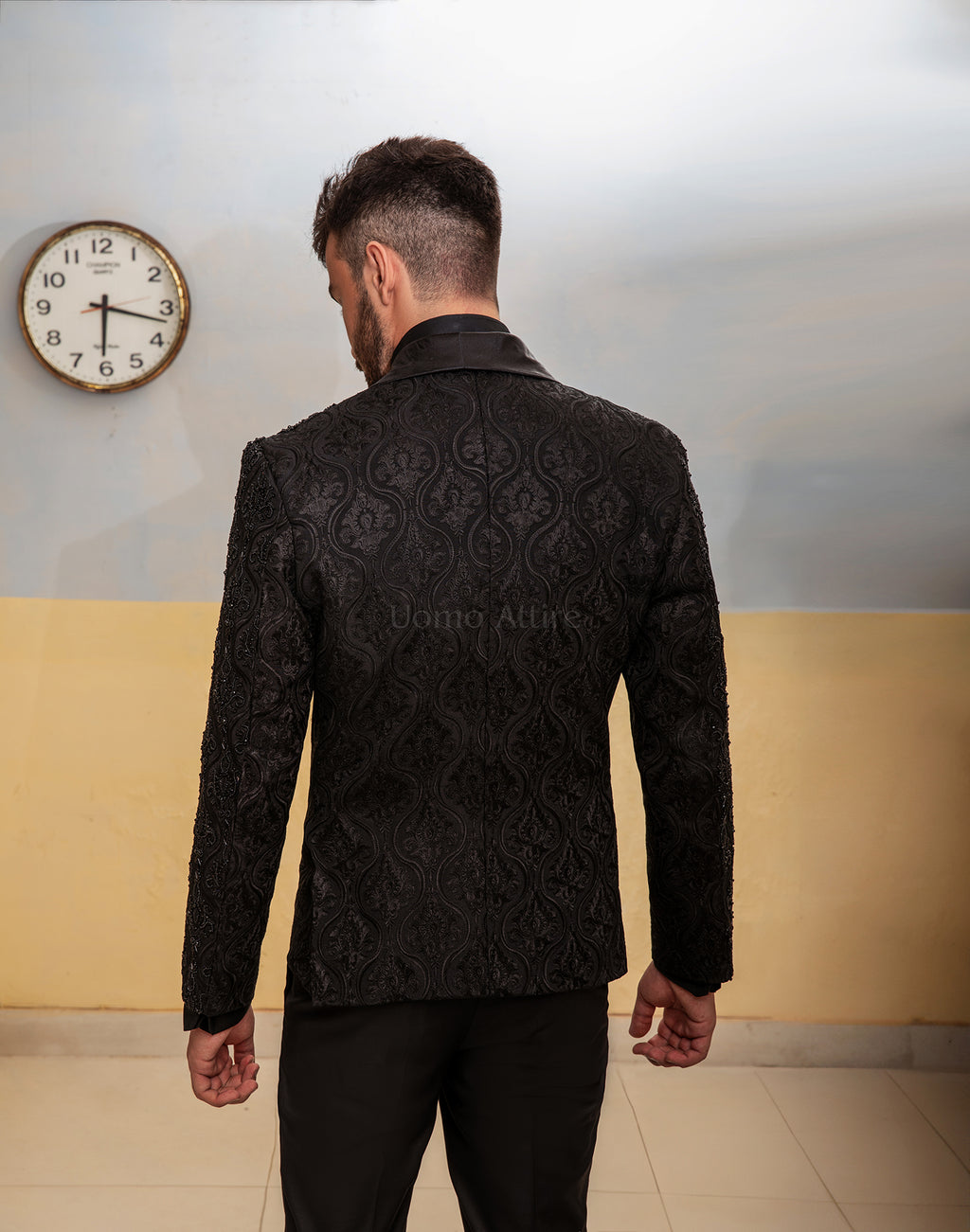 Men's Luxury Hand-Embroidered Black Tuxedo with Floral Paisley Detailing